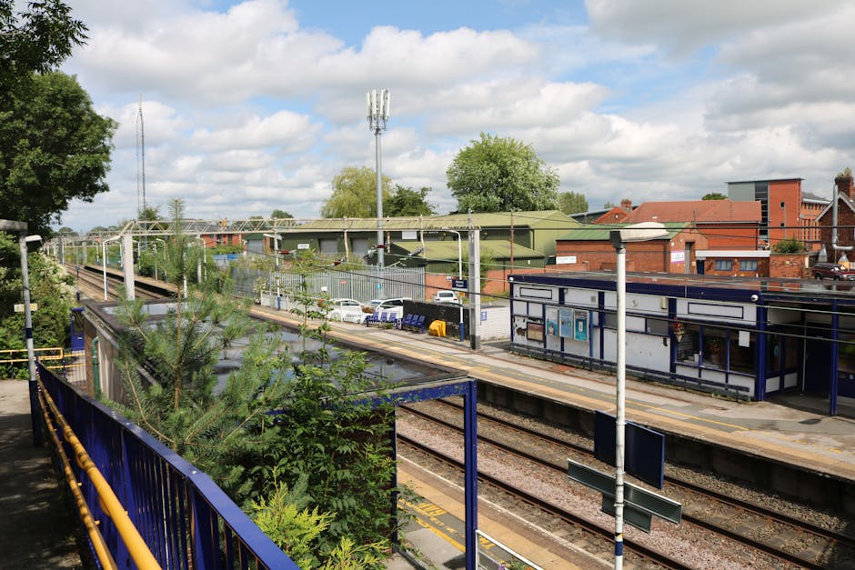 A view of the Abbey Wood station communal garden area adjacent to railway tracks, featuring planted shrubbery and small trees with fresh green leaves, situated along a blue metal railing. The garden b